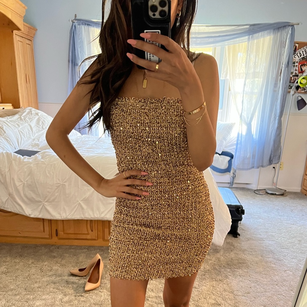 Gold sequin mini dress